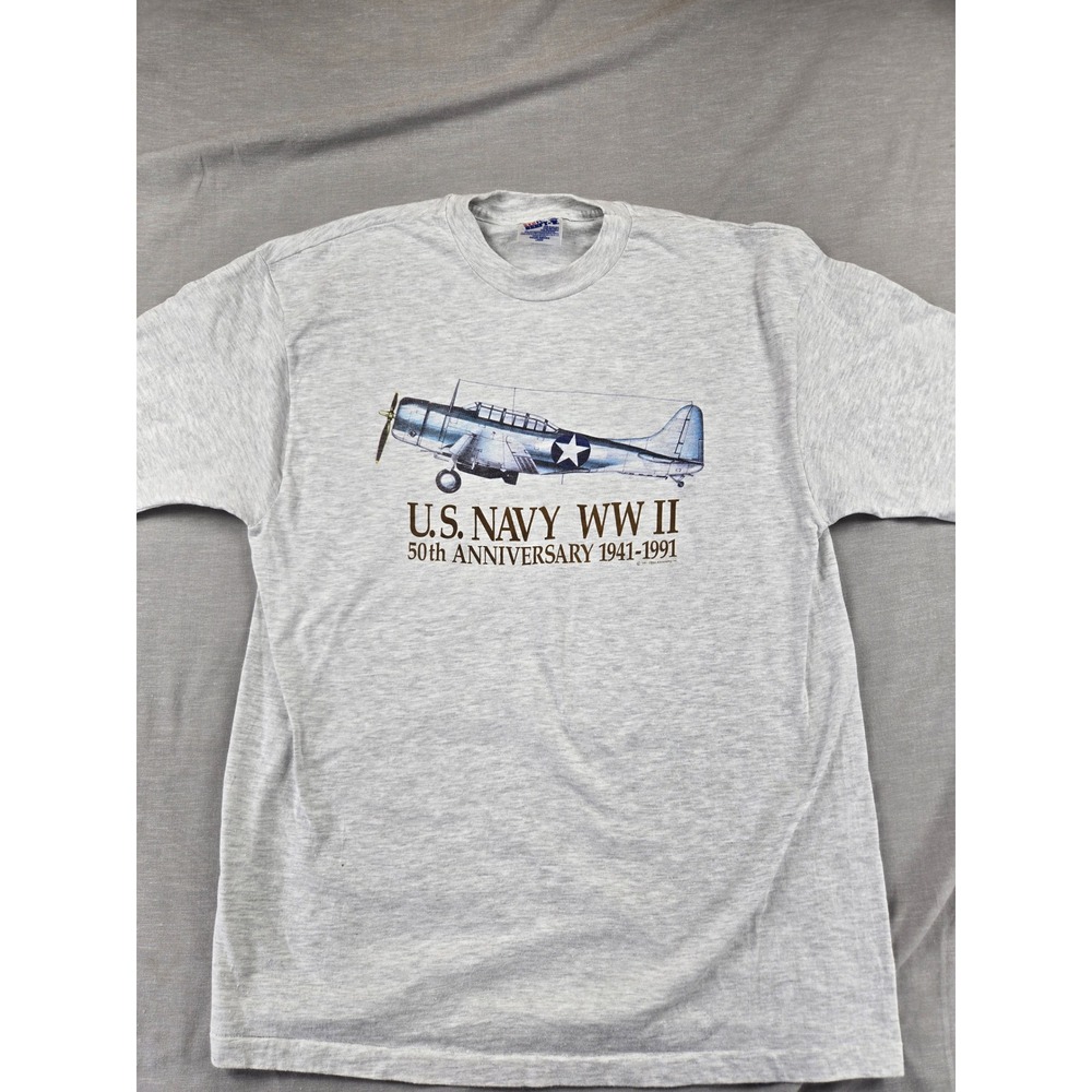 Vintage Hanes Beefy-T US Navy WWII 50th Anniversary T-Shirt Gray Mens Large USA